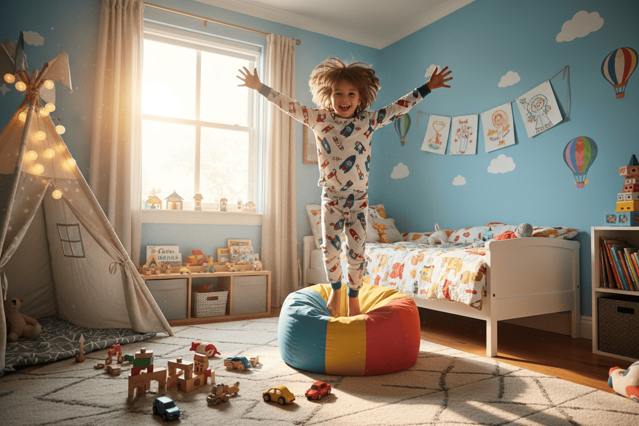 enfant qui bouge et joue dans sa chambre